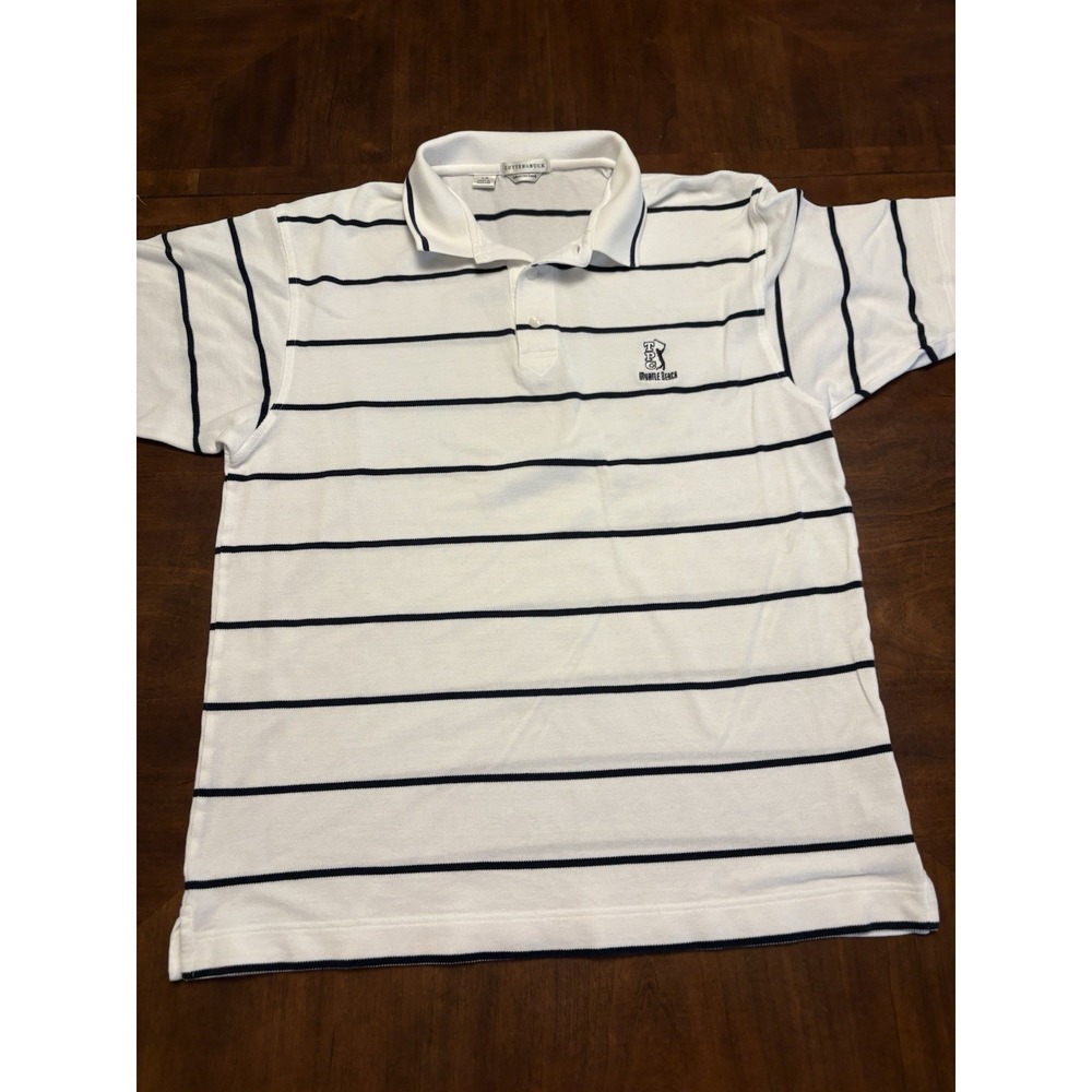 Cutter & Buck Men's White Navy Striped Golf Polo TPC Myrtle Beach Size Large